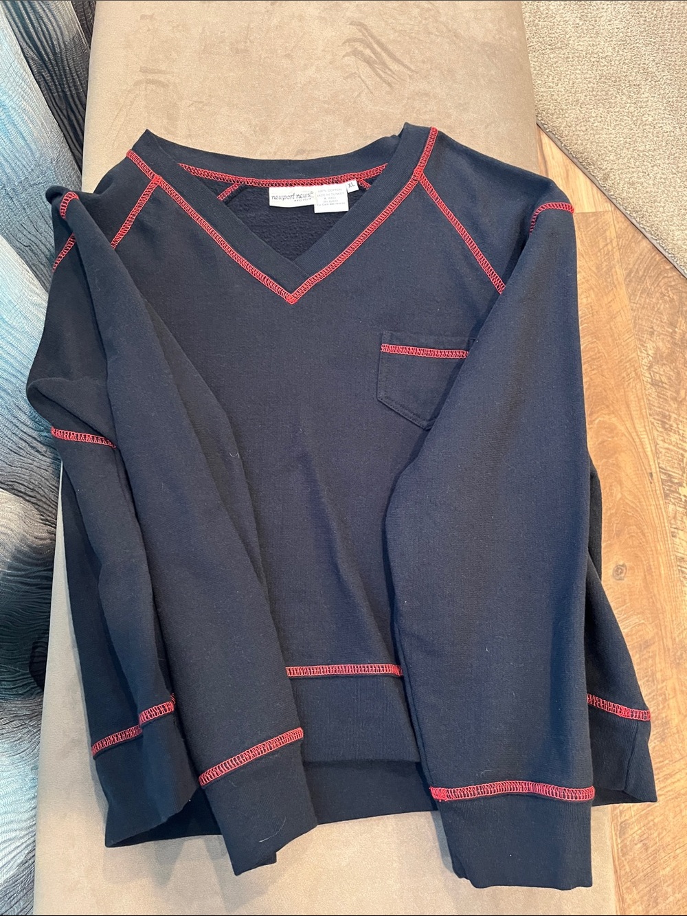 Newport News Navy V-Neck Sweater with Red Stitching
